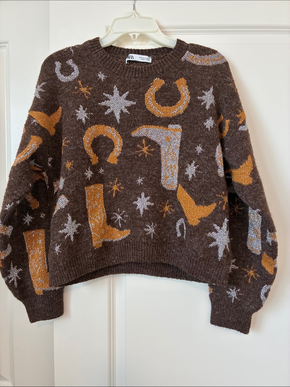 Zara Brown Sweater with Gold & Light Gray Western Motifs